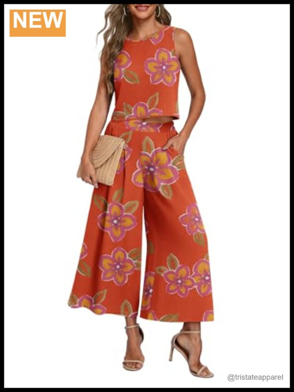 Women's 2 Piece Outfit Sleeveless Crop Top Wide Leg Pants Set